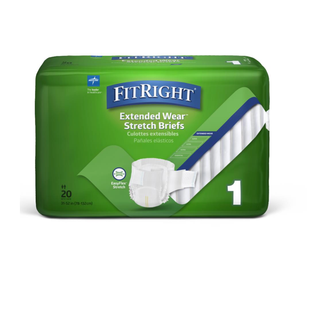 The FitRight Extended Wear Stretch Briefs, with overnight absorbency and green packaging, feature an EasyFlex Stretch design, a highly absorbent core for superior protection against incontinence, advanced odor control, and a capacity of 32 oz (946 ml). Each pack includes 20 size 1 briefs.